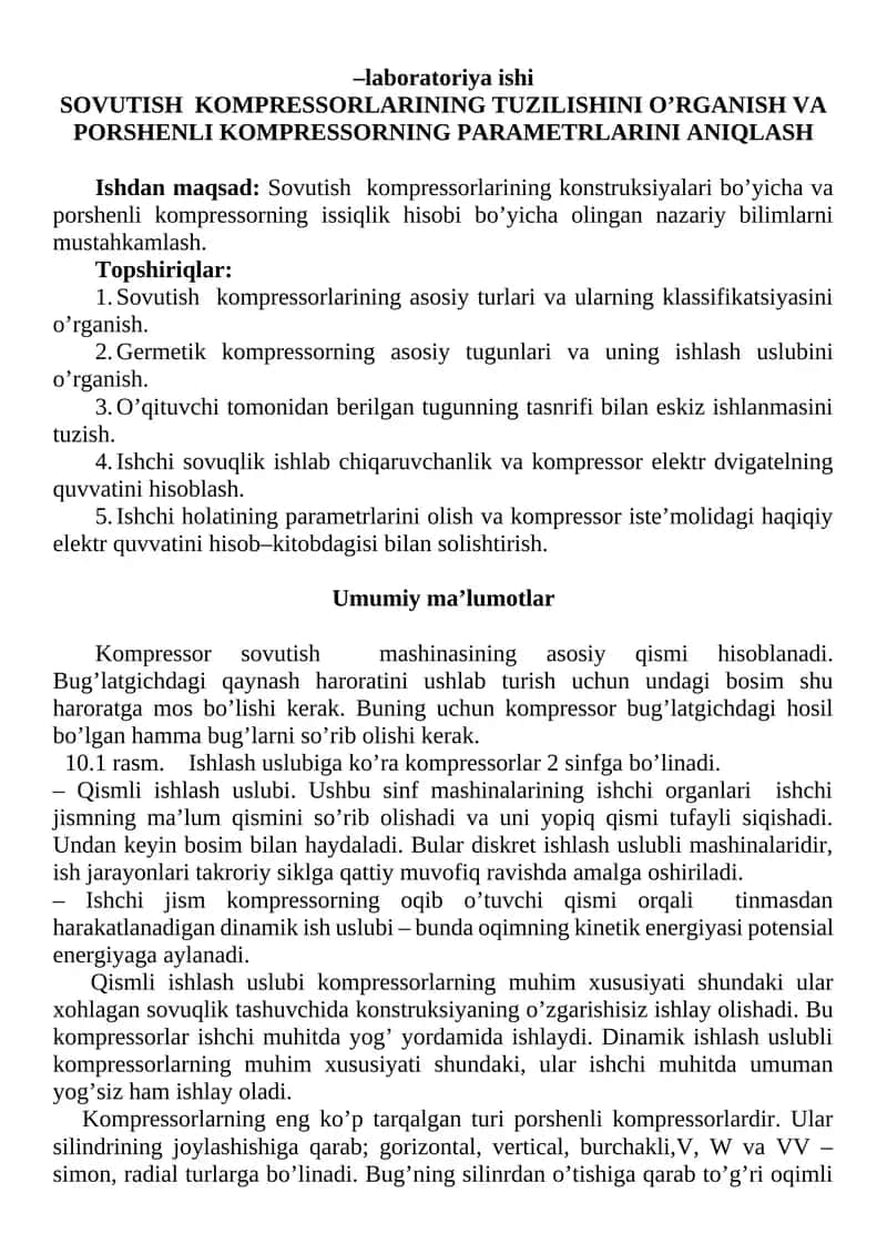 Sovutish kompressorlarining tuzilishi va parametrlarini o'rganish