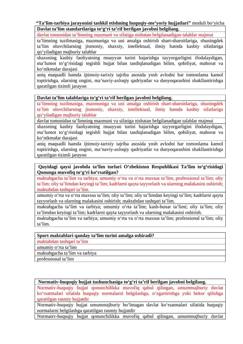 “Ta’lim-tarbiya jarayonini tashkil etishning huquqiy-me’yoriy hujjatlari” moduli boʻyicha