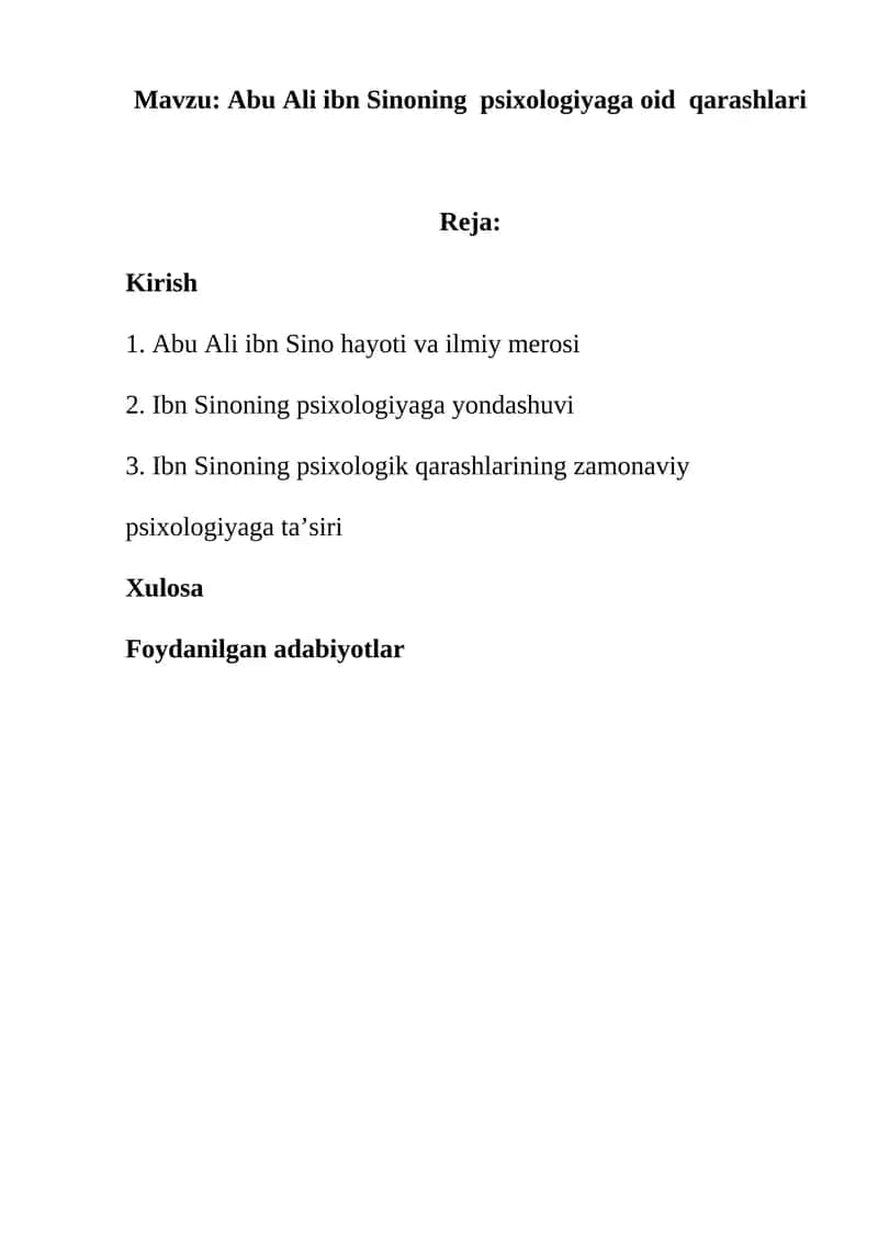 Abu Ali ibn Sinoning psixologiyaga oid qarashlari