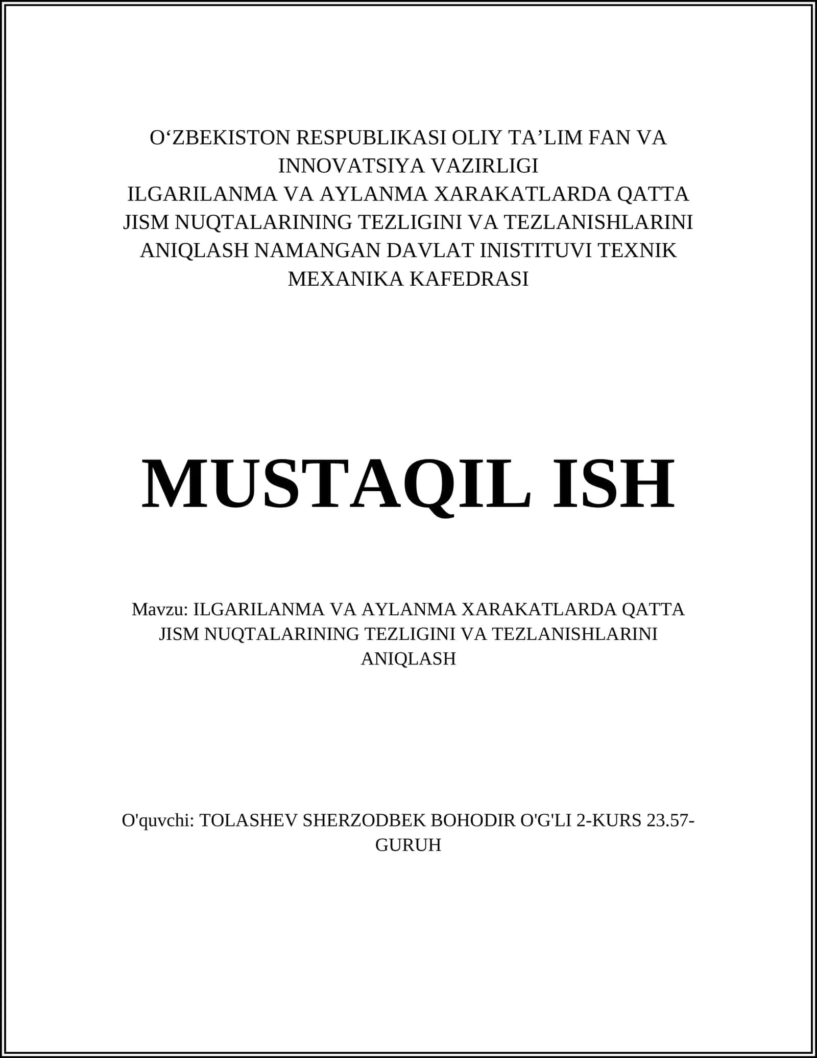 ILGARILANMA VA AYLANMA XARAKATLARDA QATTA JISM NUQTALARINING TEZLIGINI VA TEZLANISHLARINI ANIQLASH