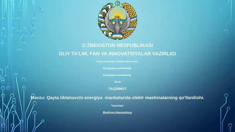 Qayta tiklanuvchi energiya manbalarida elektr mashinalarning qoʻllanilishi
