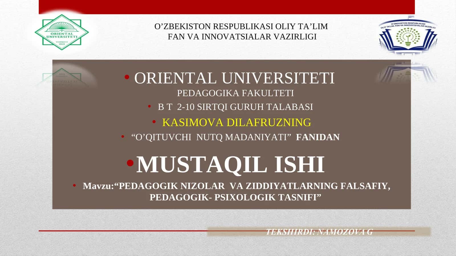 O'qituvchi Nutq Madaniyati Fanidan Mustaqil Ish