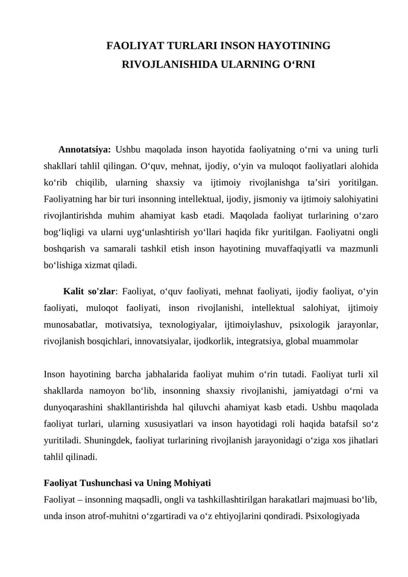 FAOLIYAT TURLARI INSON HAYOTINING RIVOJLANISHIDA ULARNING O‘RNI
