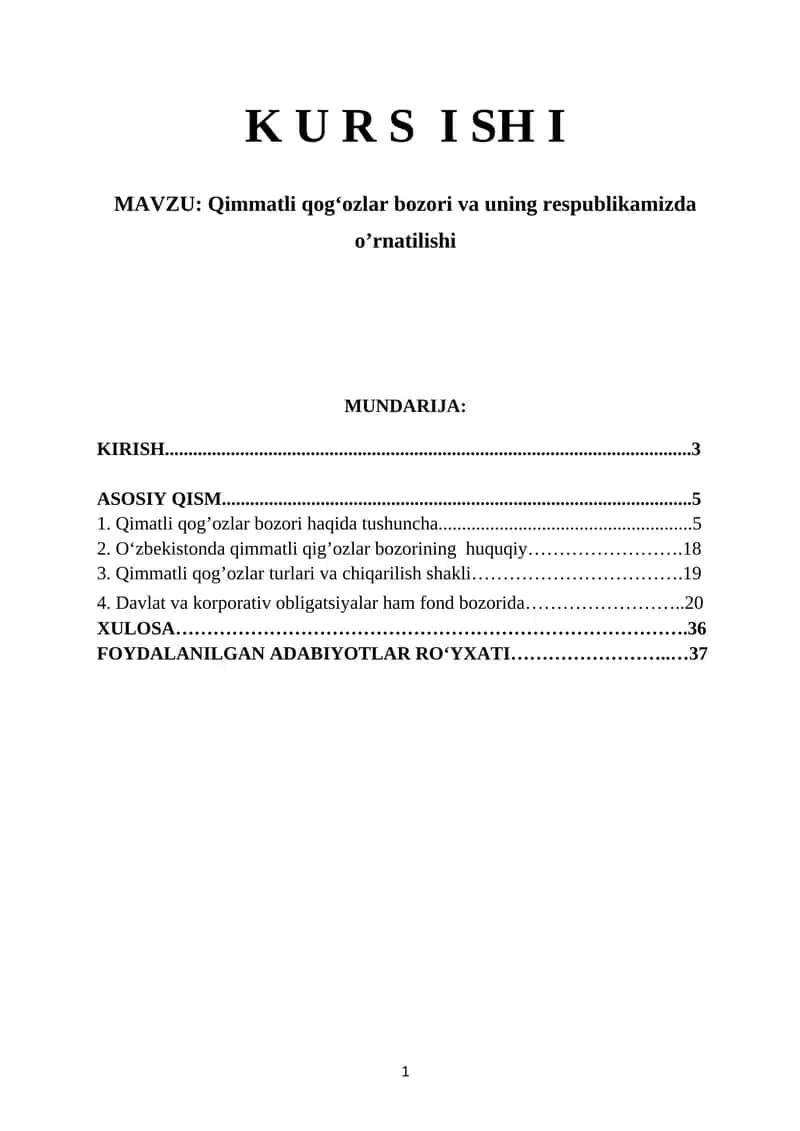 Qimmatli qog‘ozlar bozori va uning respublikamizda o’rnatilishi