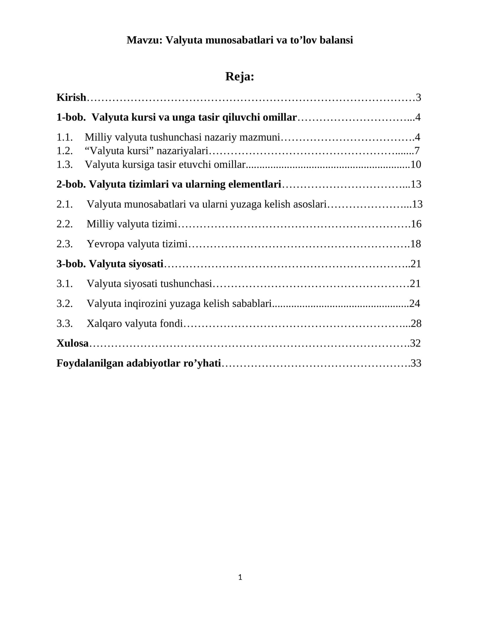 Valyuta munosabatlari va to’lov balansi