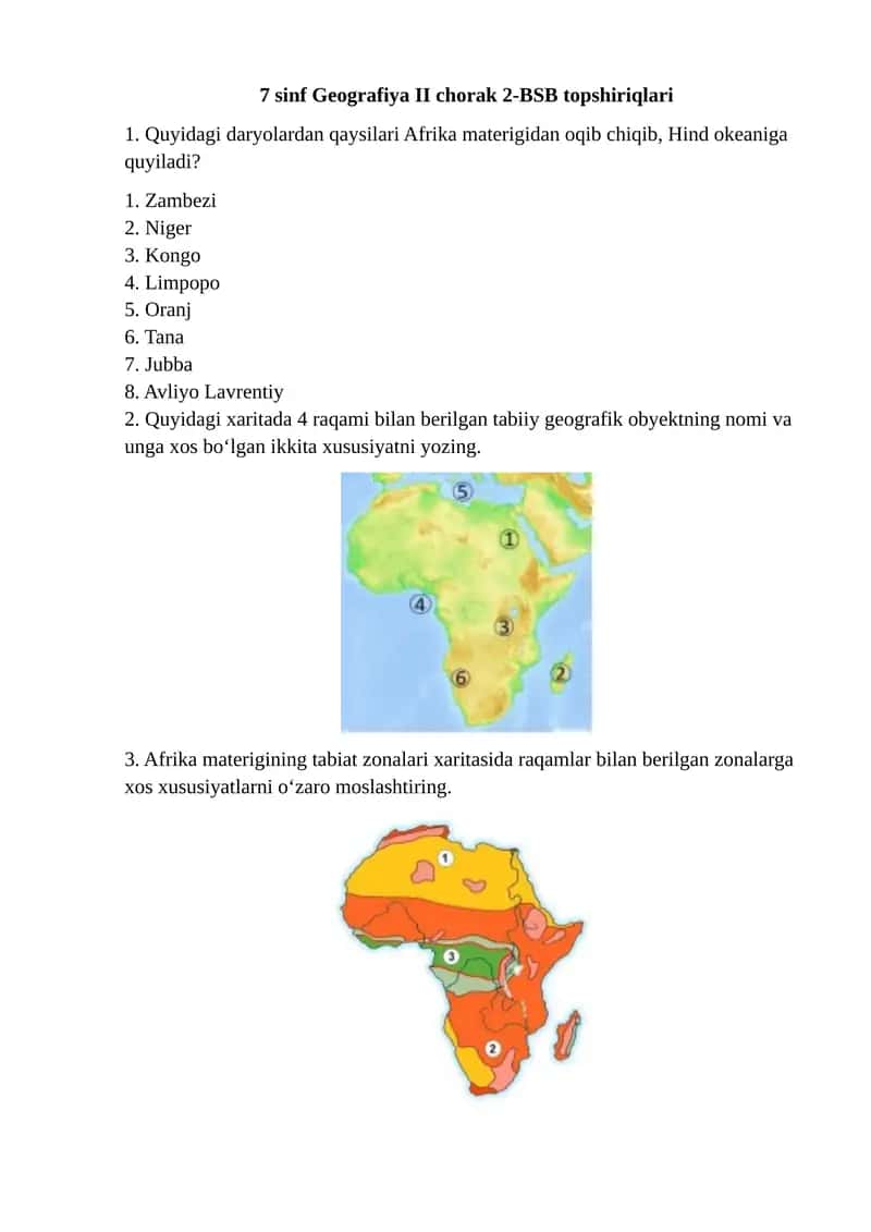 7 sinf Geografiya II chorak 2-BSB topshiriqlari