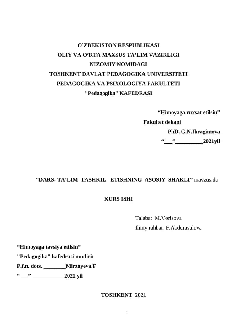 Dars- Ta'lim Tashkil Etishning Asosiy Shakli