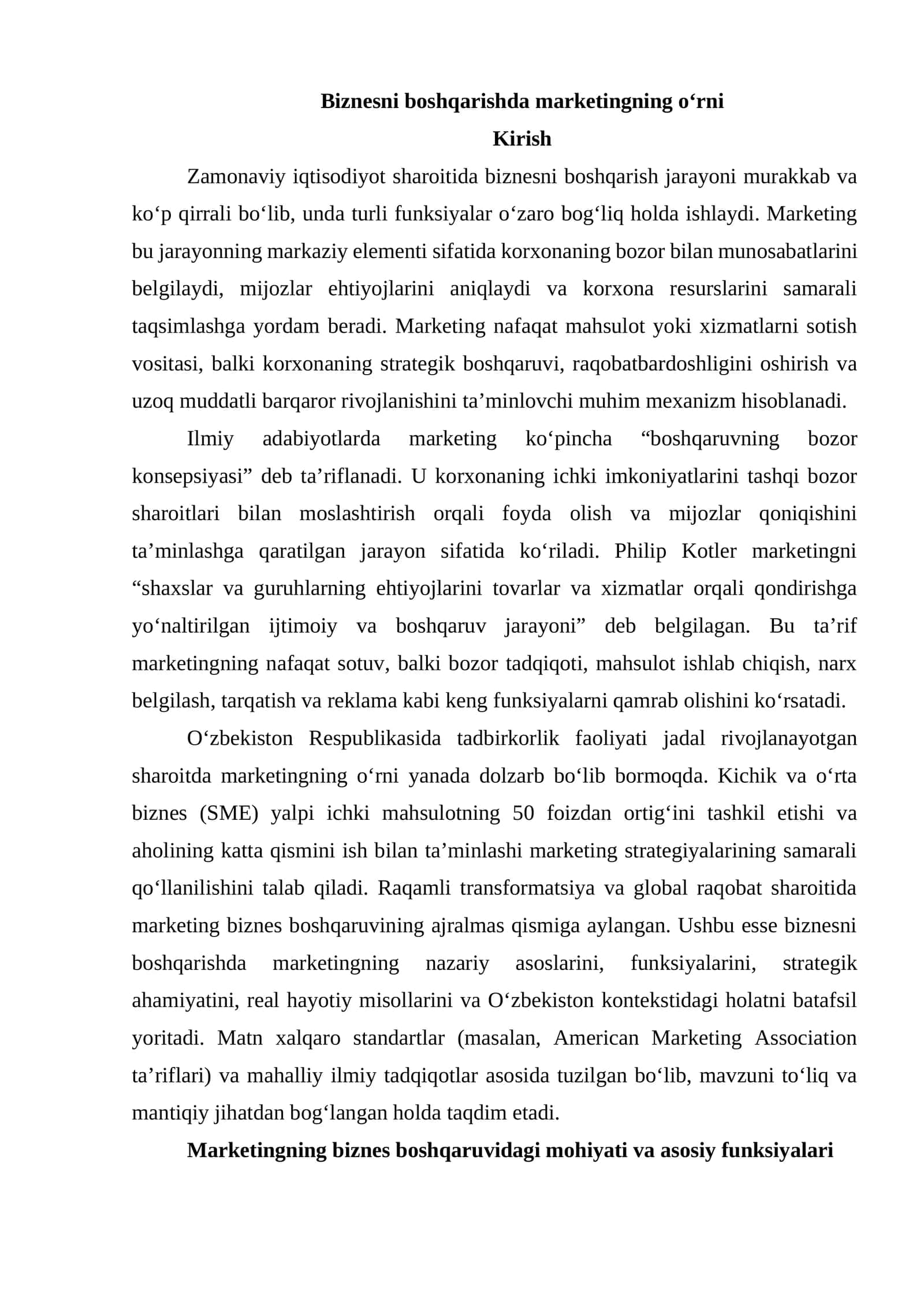 Biznesni boshqarishda marketingning o‘rni