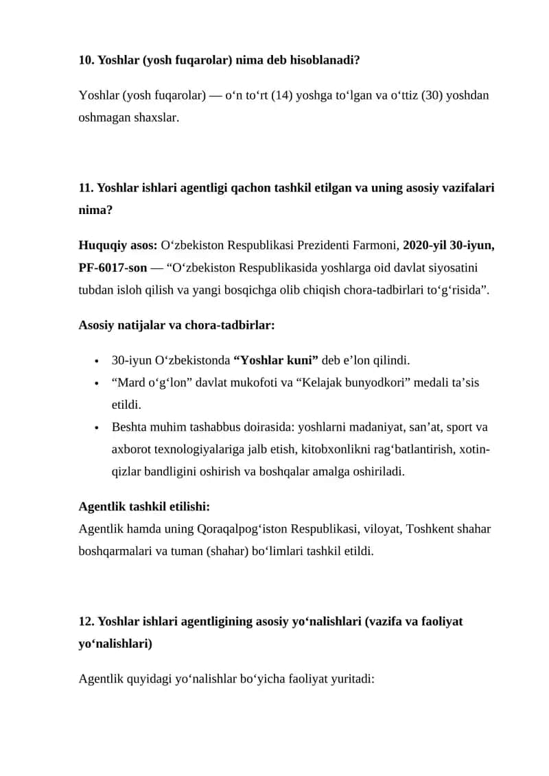 Yoshlar yetakchiligi suhbat savollarri