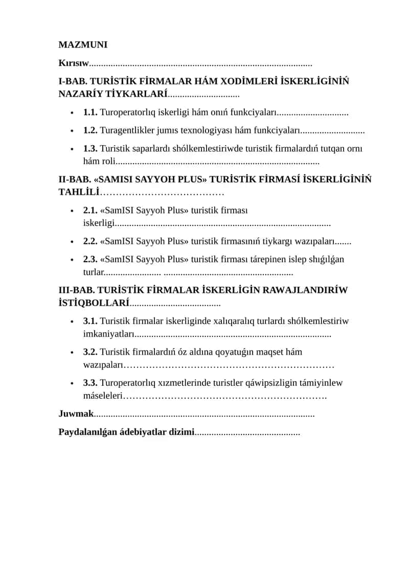 TURİSTİK FİRMАLАR HÁM XODİMLERİ İSKERLİGİNİŃ NAZARÍY TİYKАRLАRÍ