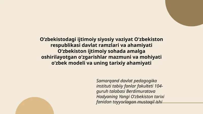 Yangi Oʻzbekiston tarixi fanidan tayyorlagan mustaqil ishi