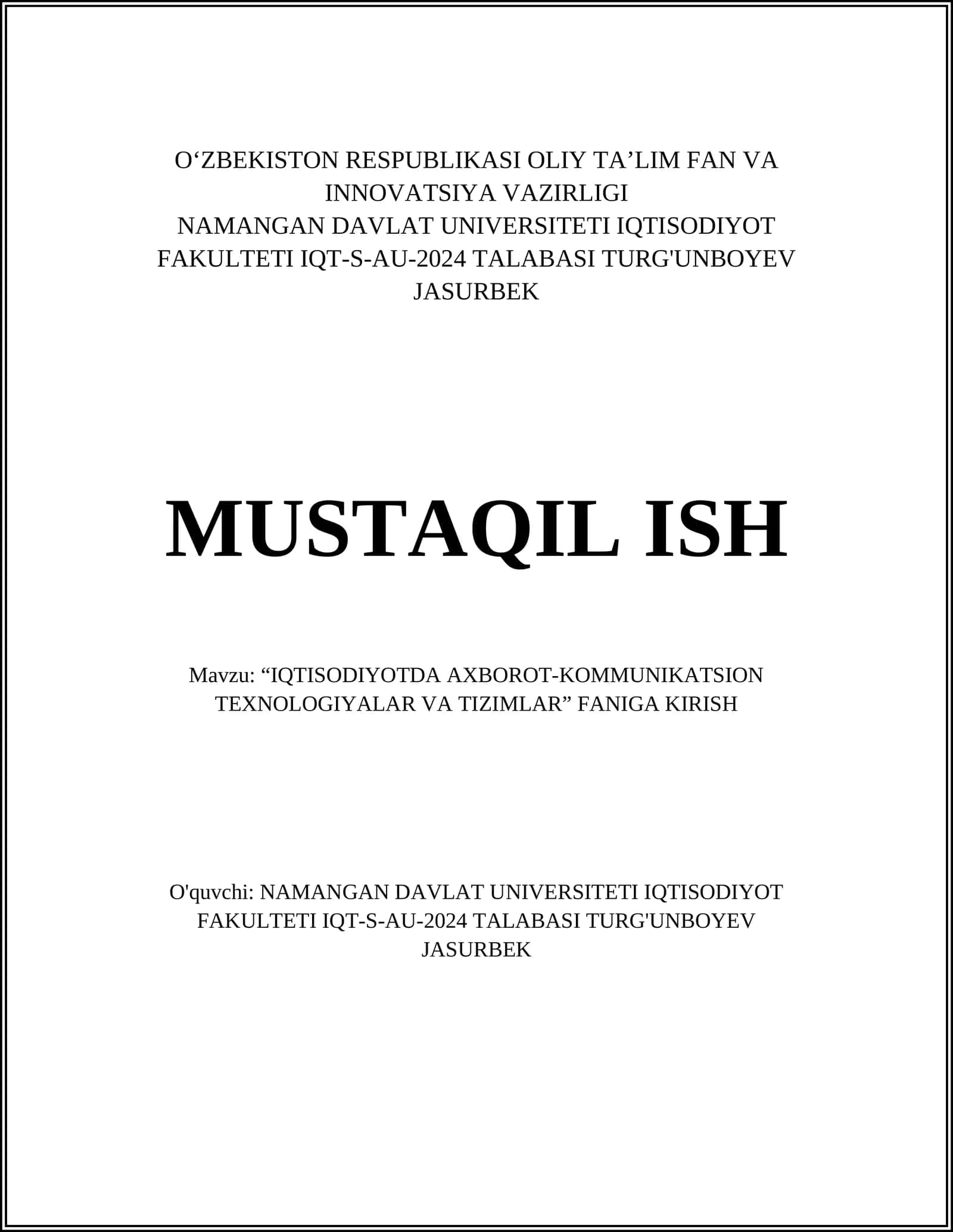O‘zbekiston Respublikasi Oliy Ta’lim Fan va Innovatsiya Vazirligi