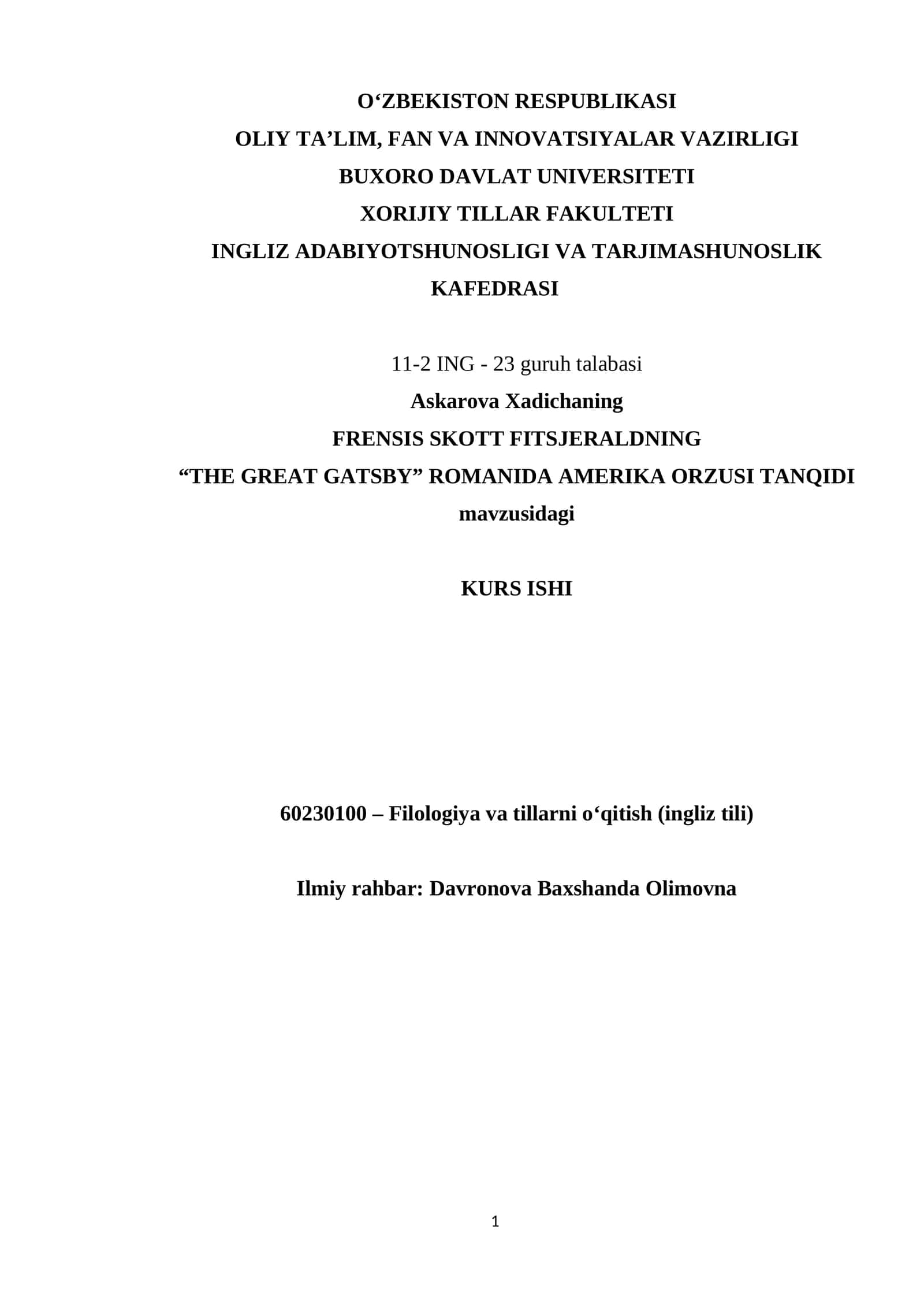 FRENSIS SKOTT FITSJERALDNING “THE GREAT GATSBY” ROMANIDA AMERIKA ORZUSI TANQIDI