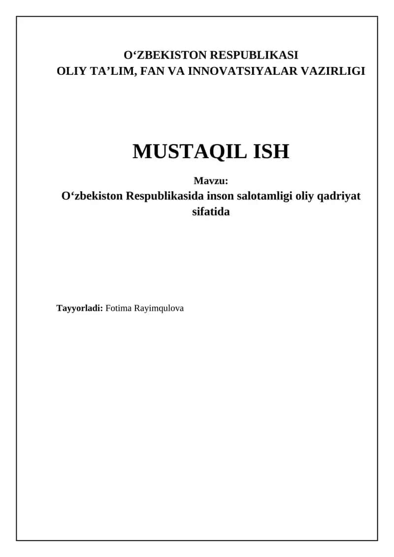 Oʻzbekiston Respublikasida Inson Salomatligi Oliy Qadriyat Sifatida