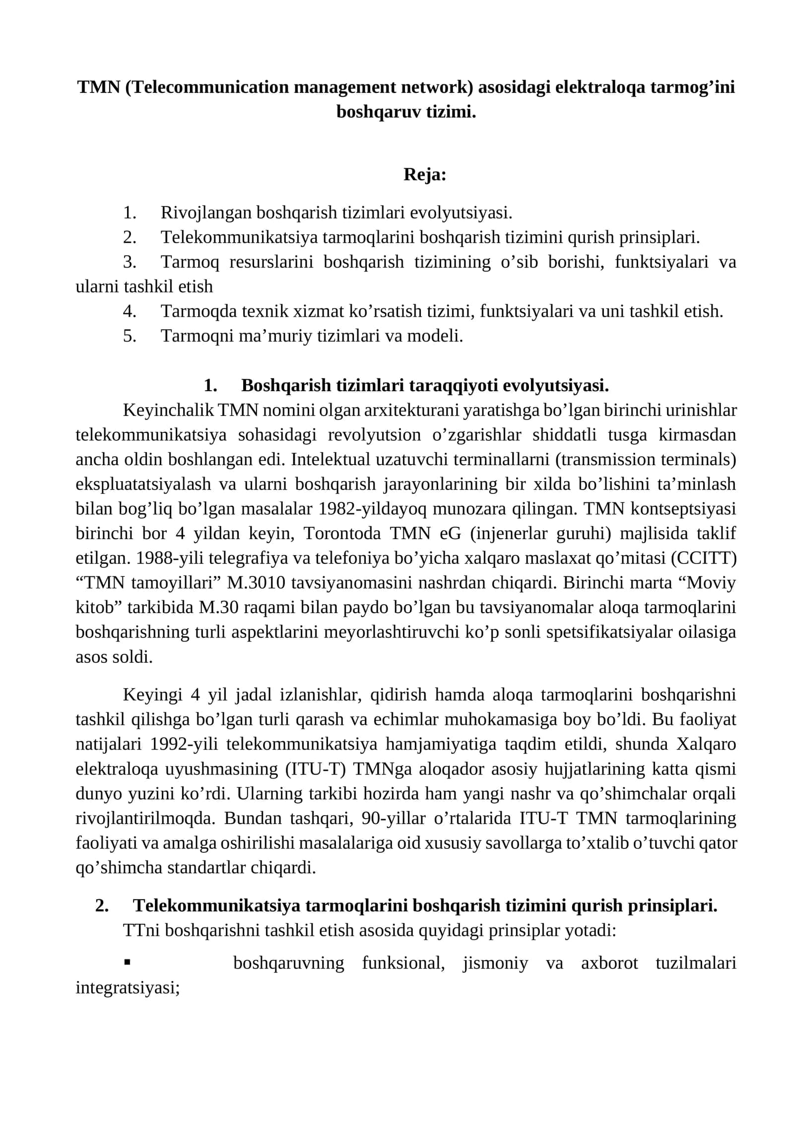 TMN (Telecommunication management network) asosidagi elektraloqa tarmog’ini boshqaruv tizimi.