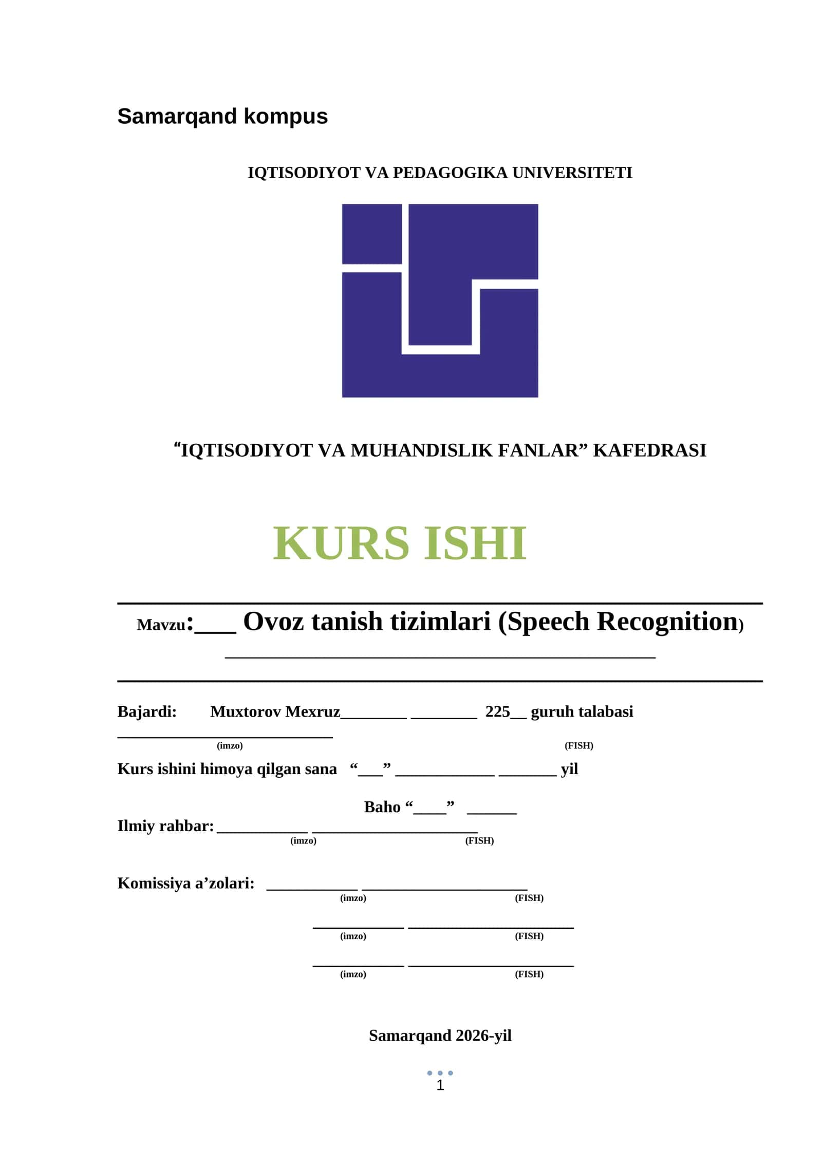 Ovoz tanish tizimlari (Speech Recognition)