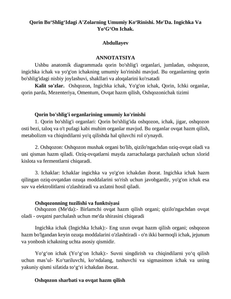 Qorin BoʻShligʻIdagi A'Zolarning Umumiy KoʻRinishi