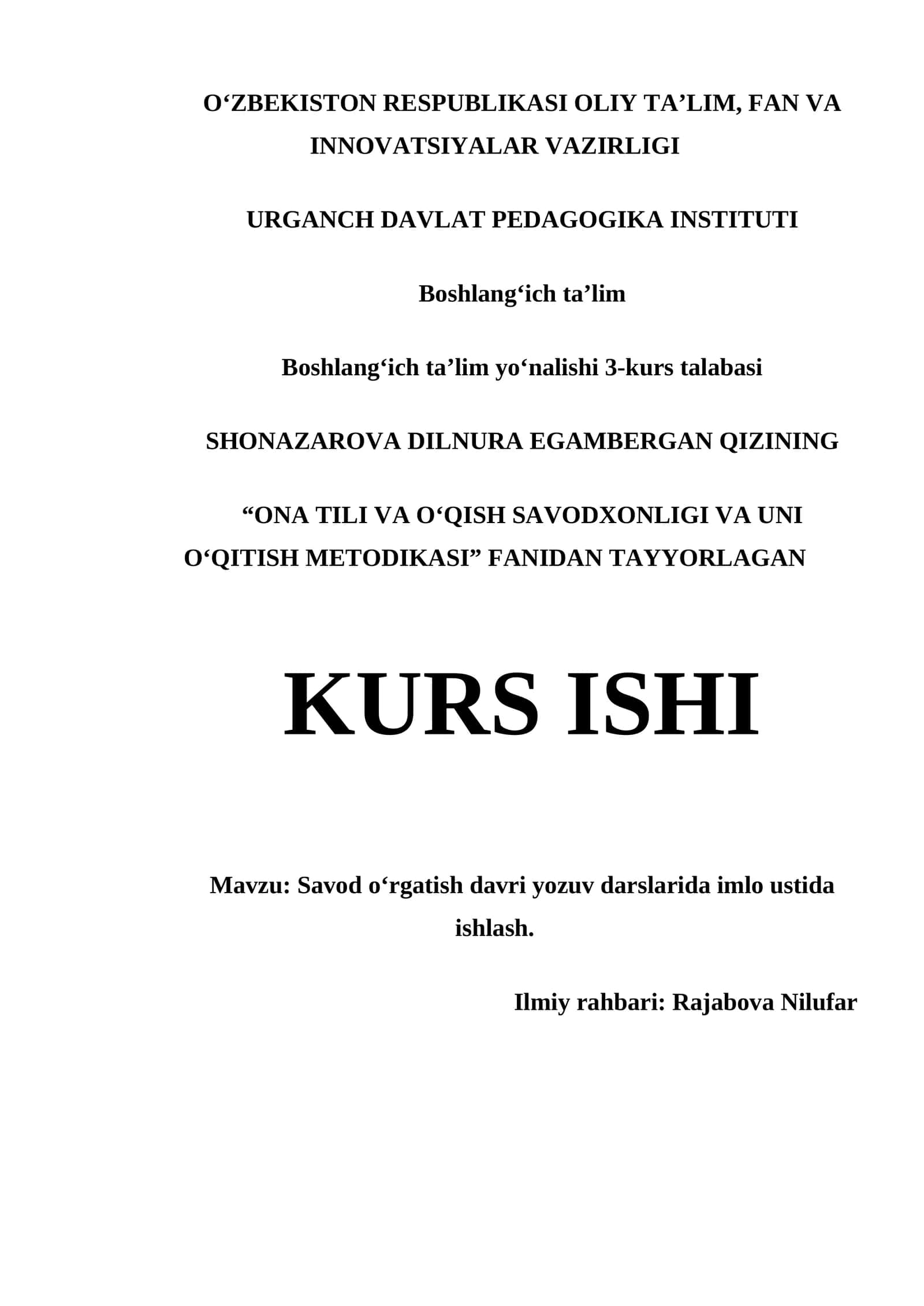 "Savod o‘rgatish davri yozuv darslarida imlo ustida ishlash"