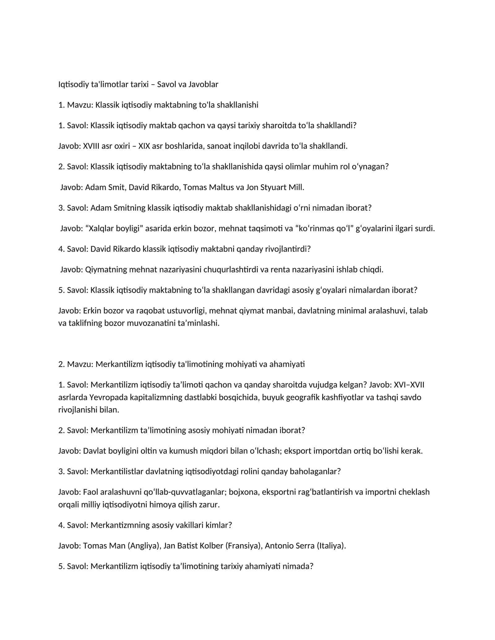 Iqtisodiy ta'limotlar tarixi – Savol va Javoblar