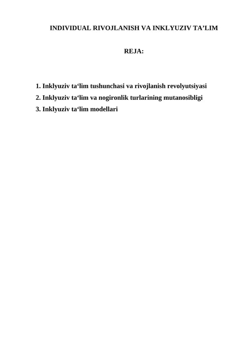 INDIVIDUAL RIVOJLANISH VA INKLYUZIV TA’LIM