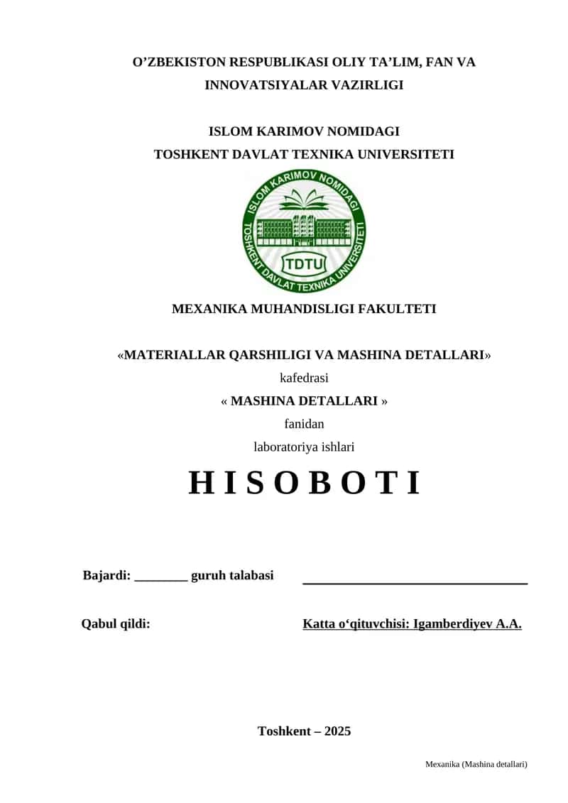 BOLTLI BIRIKMANING REZBASIDAGI VA GAYKA YON SIRTIDAGI ISHQALANISH KOEFFISIYENTINI ANIQLASH