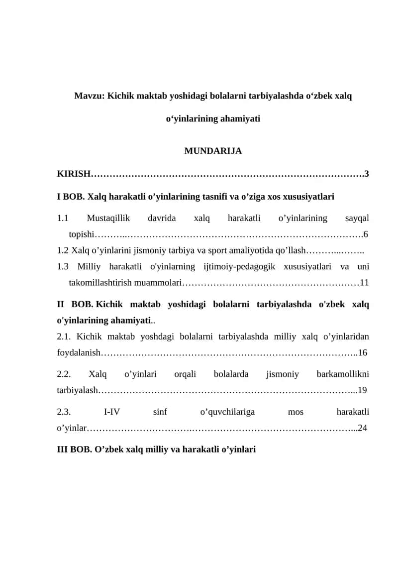 Kichik maktab yoshidagi bolalarni tarbiyalashda o'zbek xalq oyinlarining ahamiyati.