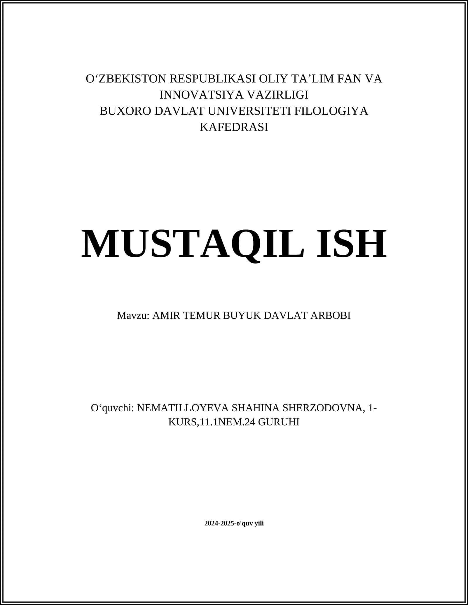 AMIR TEMUR BUYUK DAVLAT ARBOBI