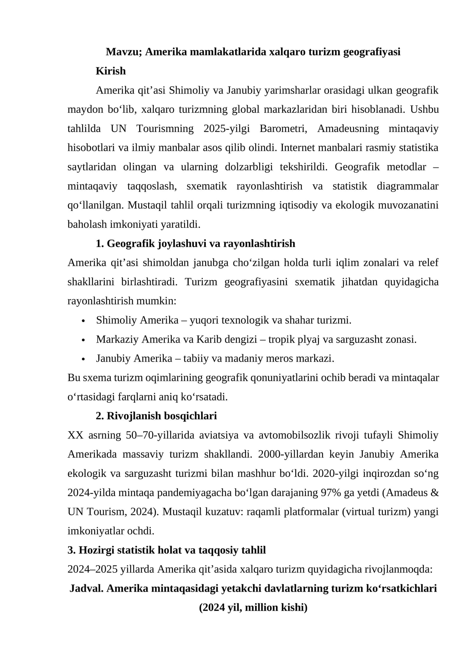 Amerika mamlakatlarida xalqaro turizm geografiyasi
