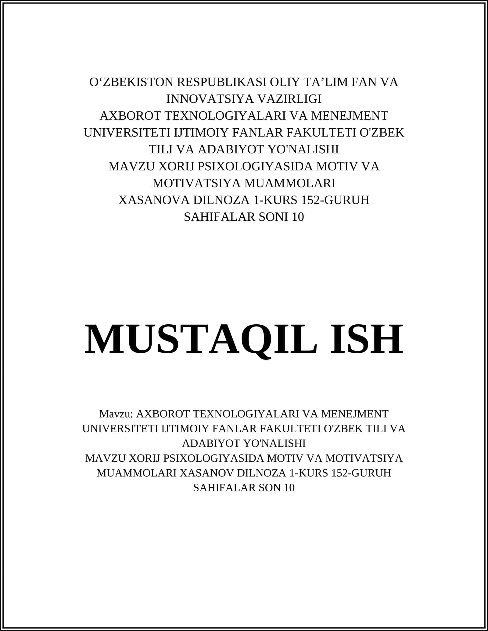 XORIJ PSIXOLOGIYASIDA MOTIV VA MOTIVATSIYA MUAMMOLARI