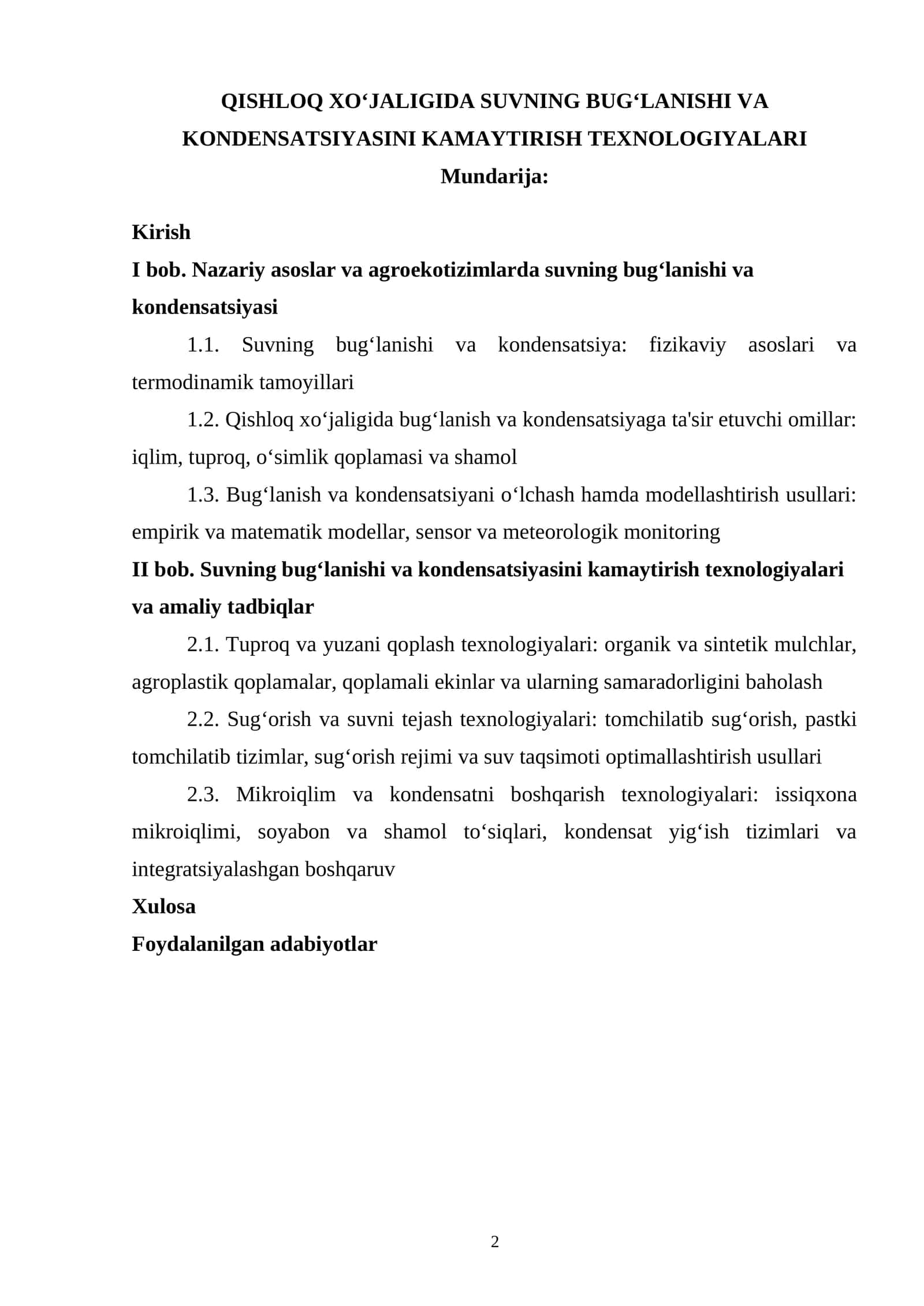 QISHLOQ XO‘JALIGIDA SUVNING BUG‘LANISHI VA KONDENSATSIYASINI KAMAYTIRISH TEXNOLOGIYALARI