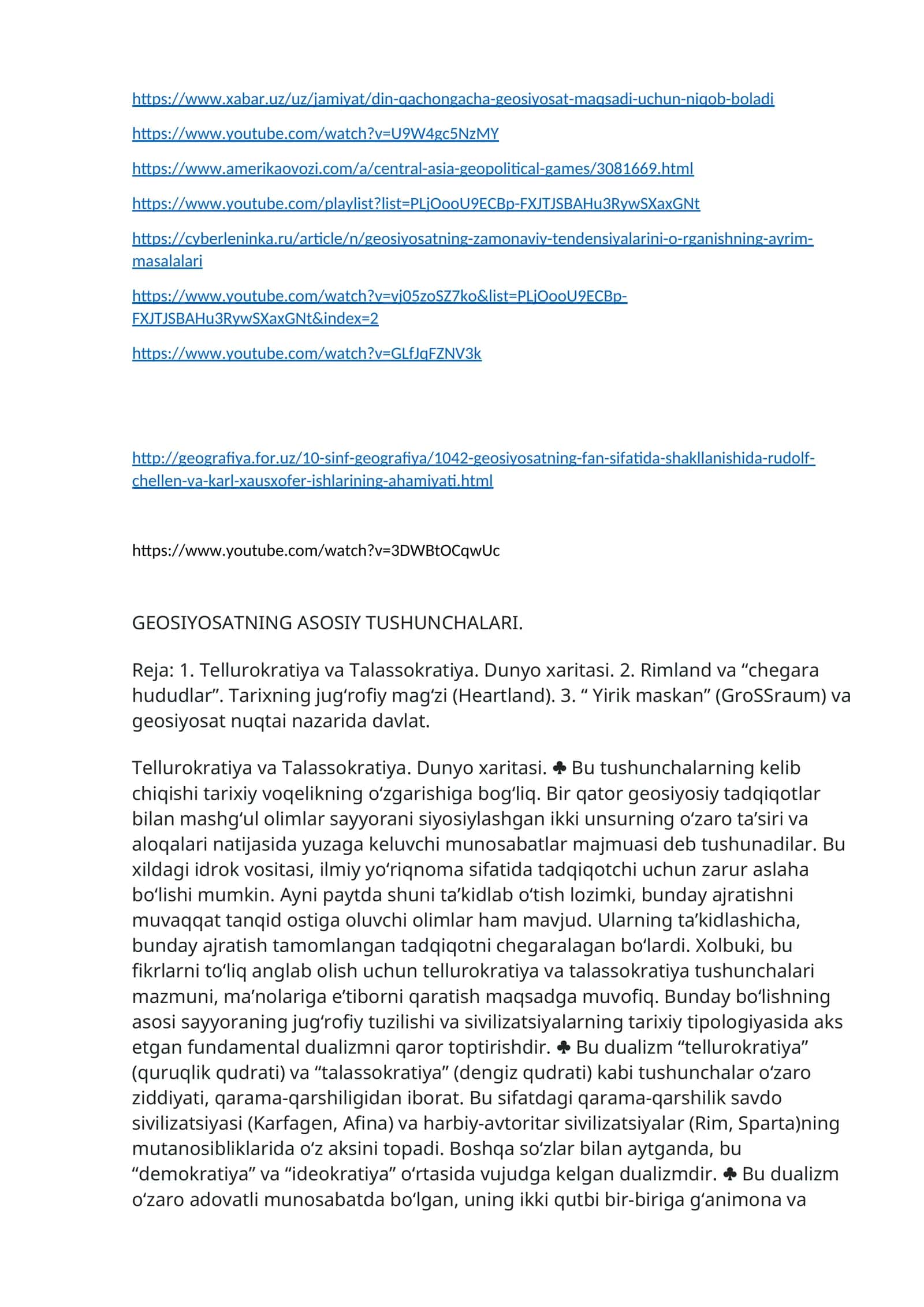 Geosiyosatning zamonaviy tendensiyalarini o'rganishning ayrim masalalari