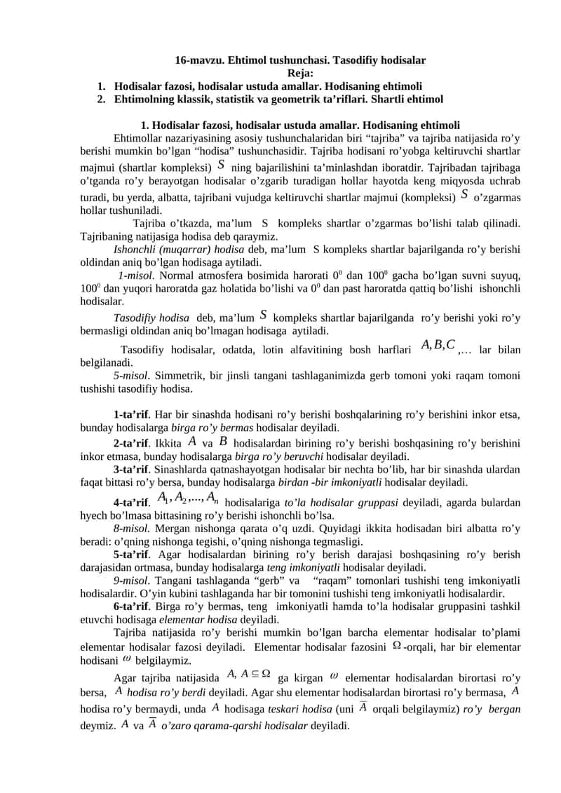 16-mavzu. Ehtimol tushunchasi. Tasodifiy hodisalar