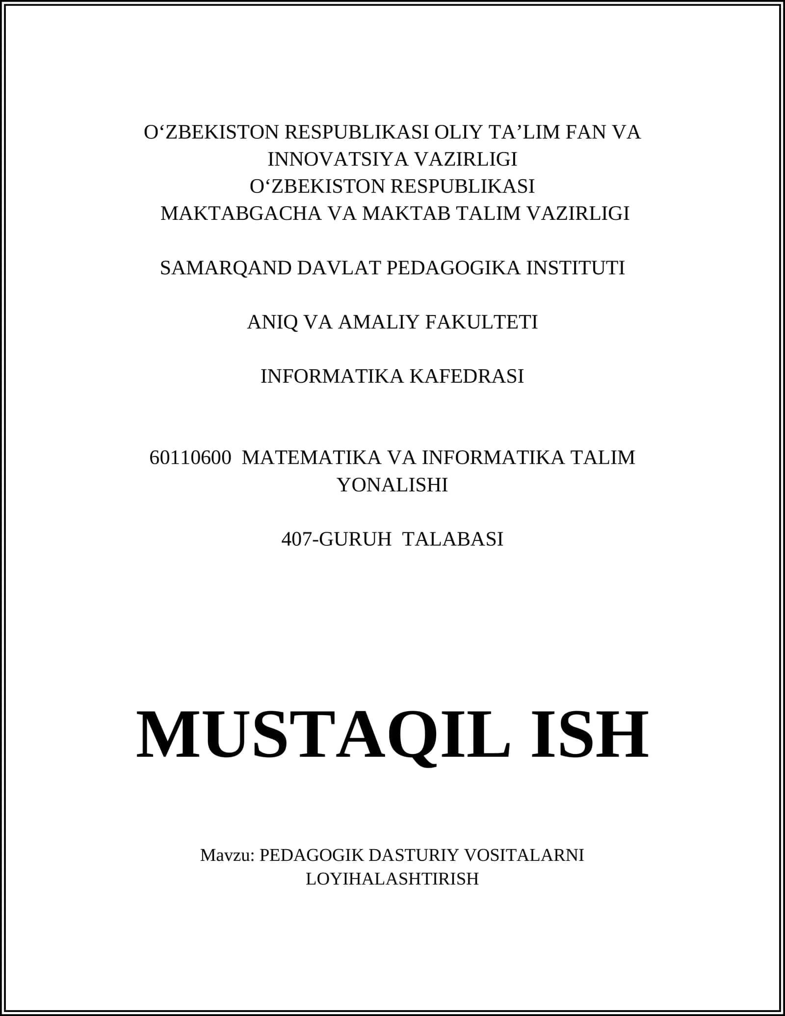 PEDAGOGIK DASTURIY VOSITALARNI LOYIHALASHTIRISH