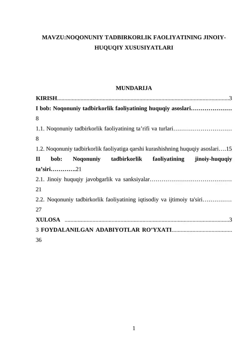 Noqonuniy Tadbirkorlik Faoliyatining Jinoiy-Huquqiy Xususiyatlari