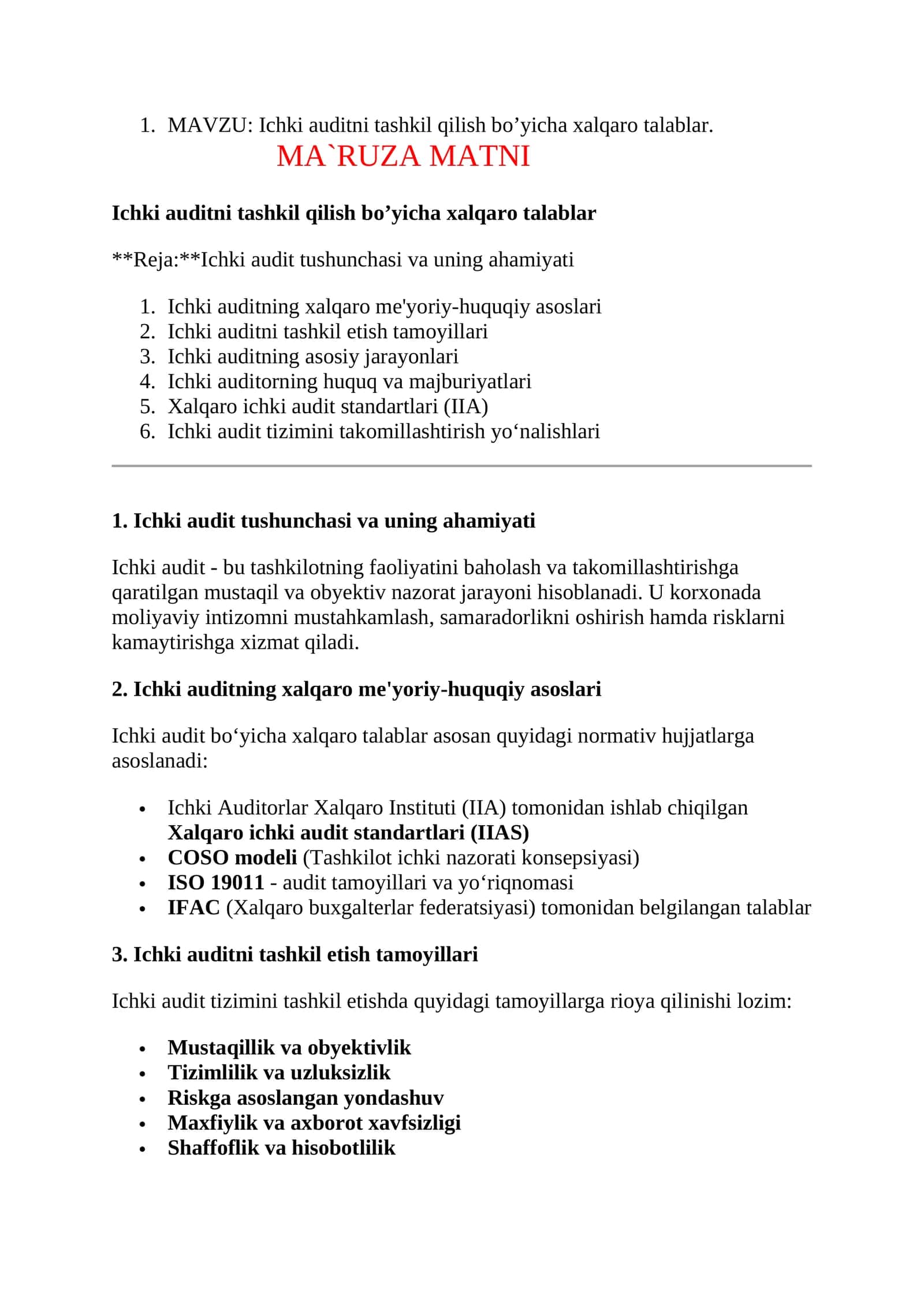 Ichki auditni tashkil qilish bo’yicha xalqaro talablar