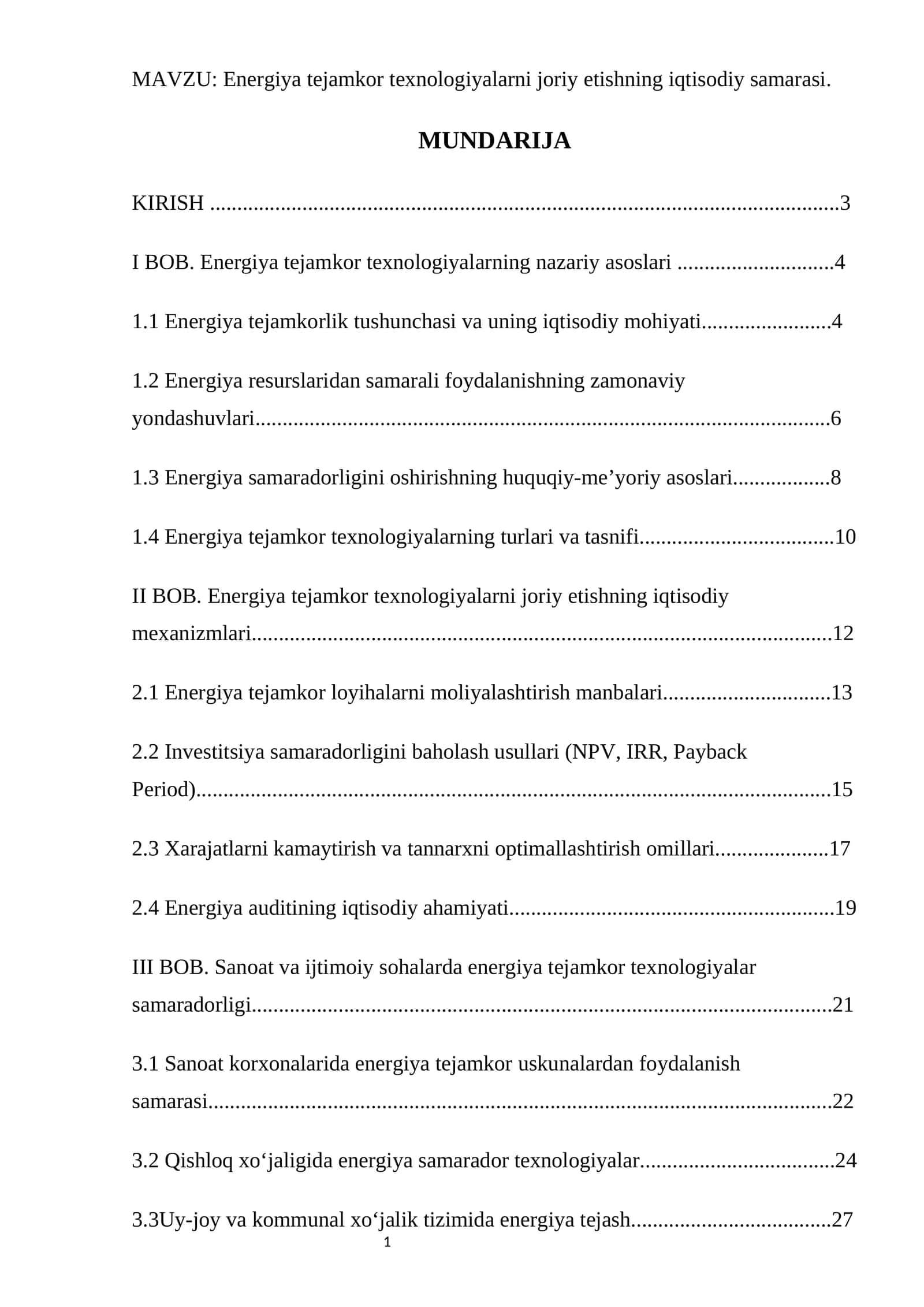 Energiya tejamkor texnologiyalarni joriy etishning iqtisodiy samarasi