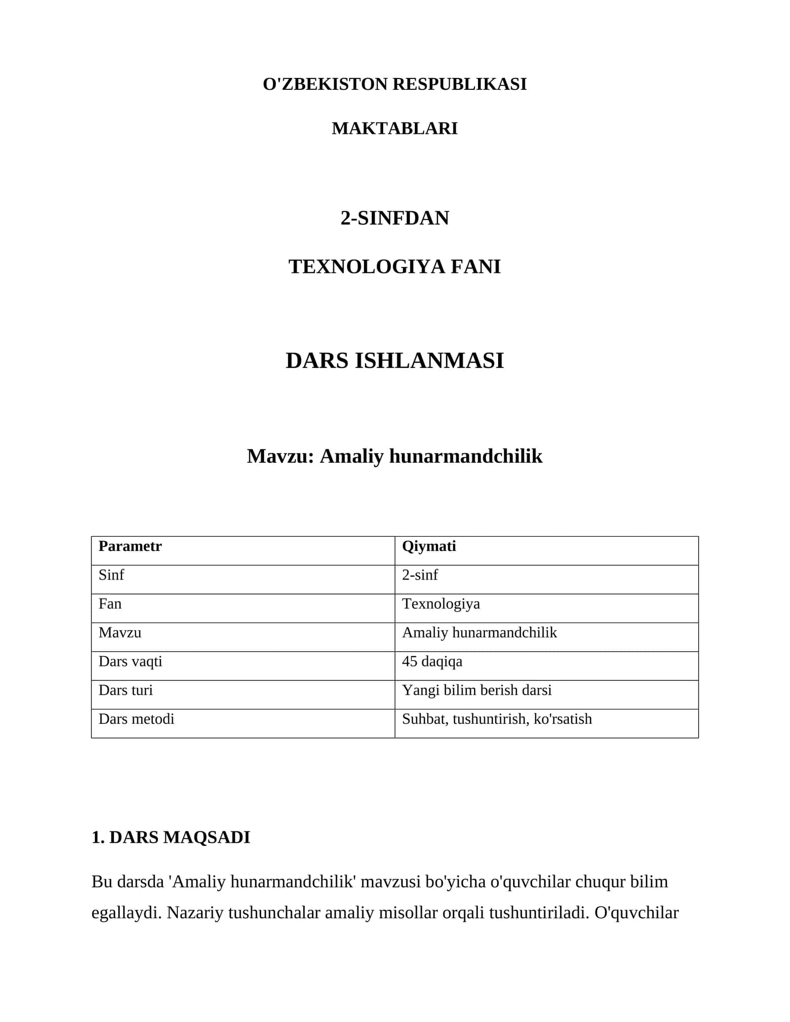 Dars ishlanmasi - Amaliy hunarmandchilik