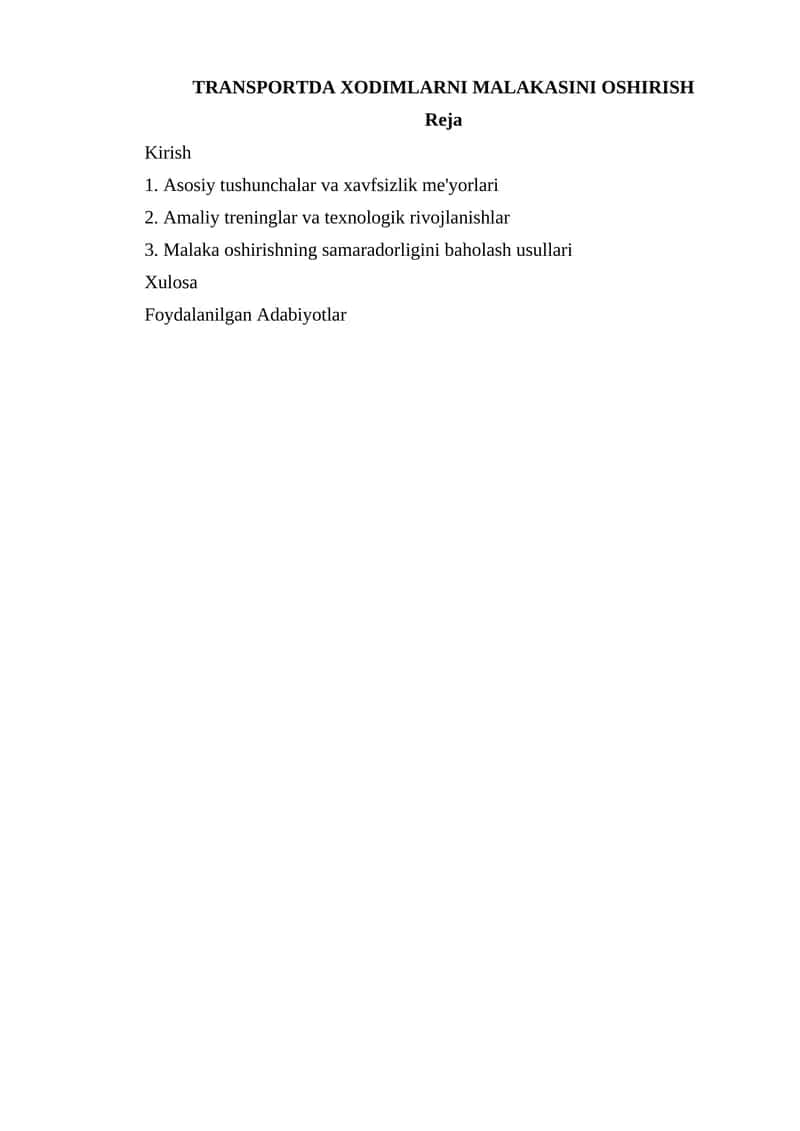 Transportda Xodimlarni Malakasini Oshirish