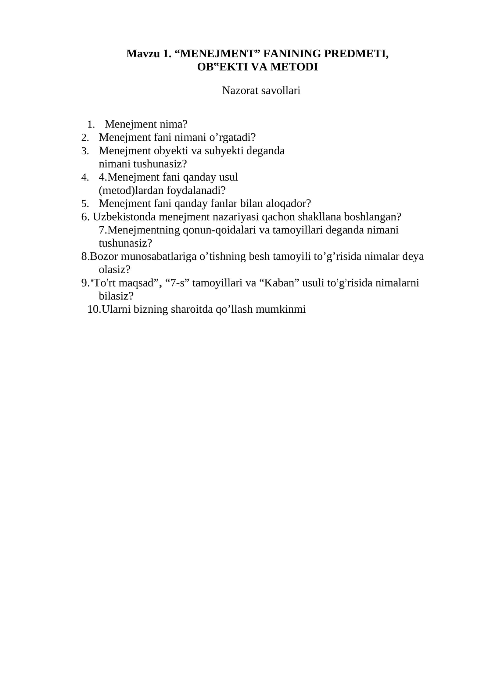 MENEJMENT FANINING PREDMETI, OB‟EKTI VA METODI