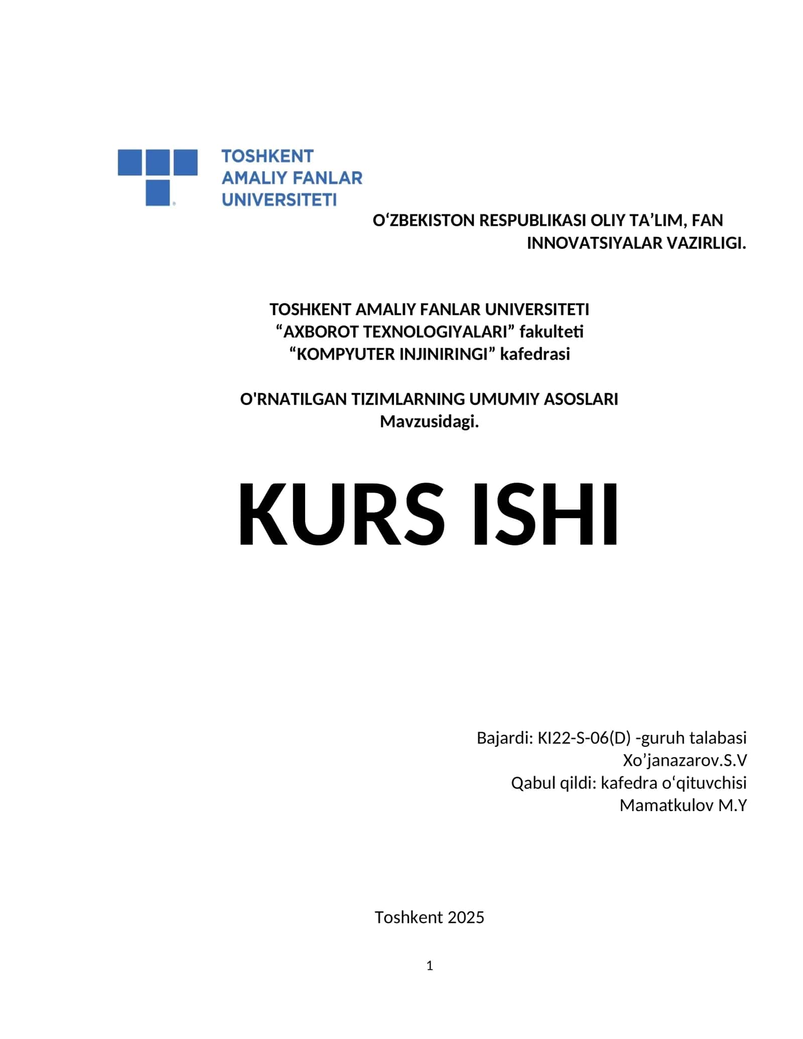 O'RNATILGAN TIZIMLARNING UMUMIY ASOSLARI