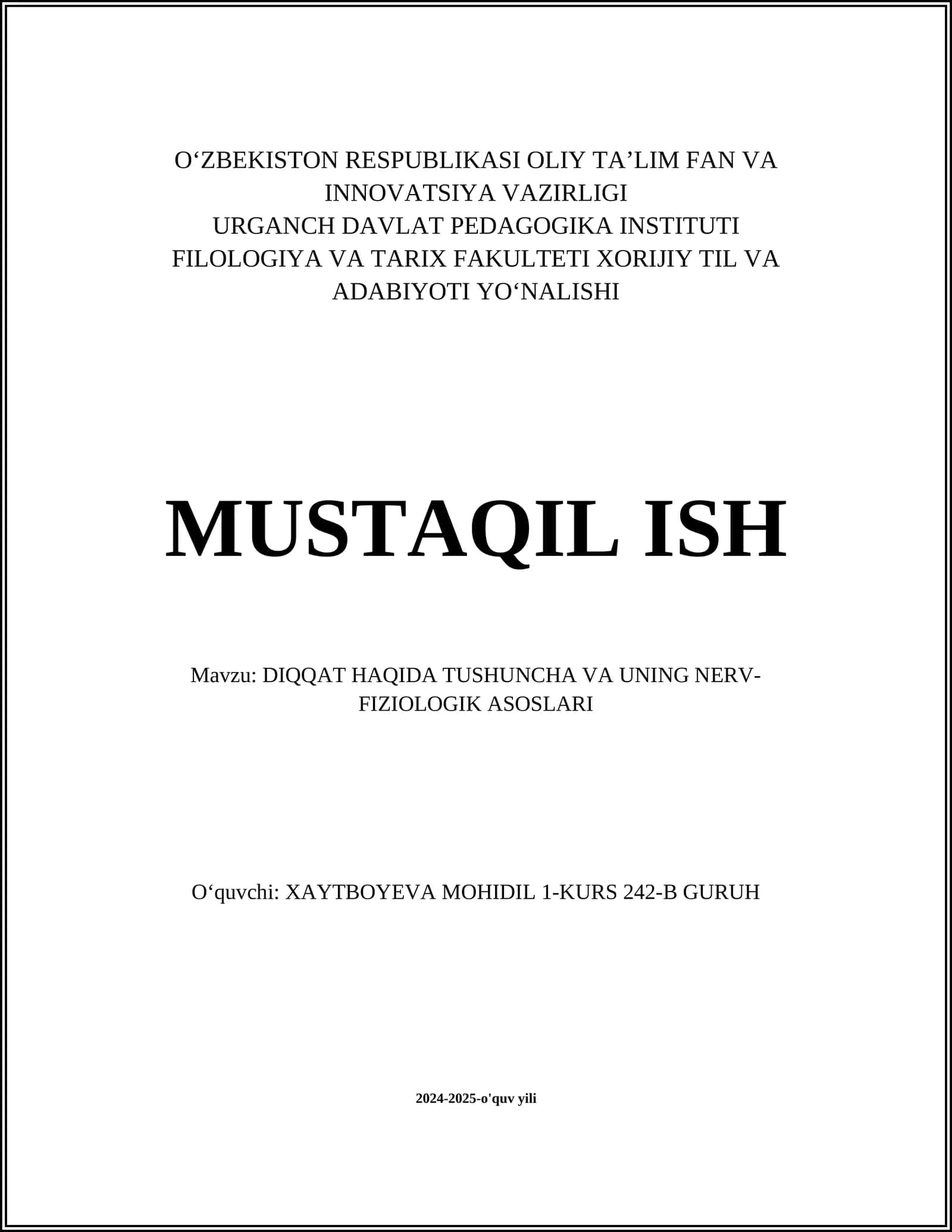 DIQQAT HAQIDA TUSHUNCHA VA UNING NERV-FIZIOLOGIK ASOSLARI