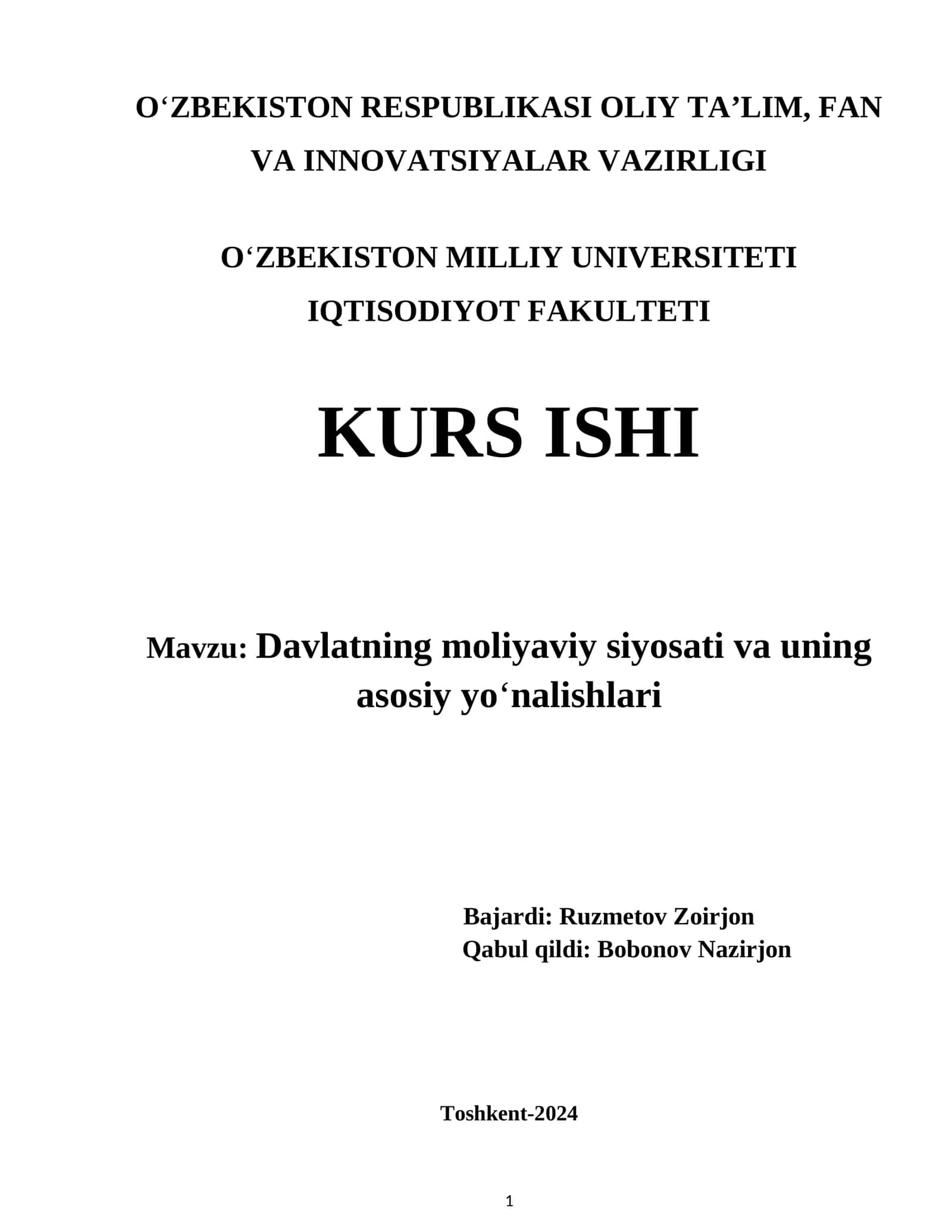 Davlatning moliyaviy siyosati va uning asosiy yo‘nalishlari
