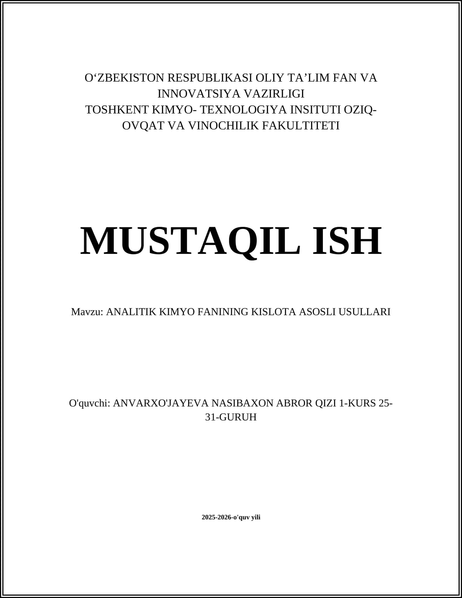 ANALITIK KIMYO FANINING KISLOTA ASOSLI USULLARI
