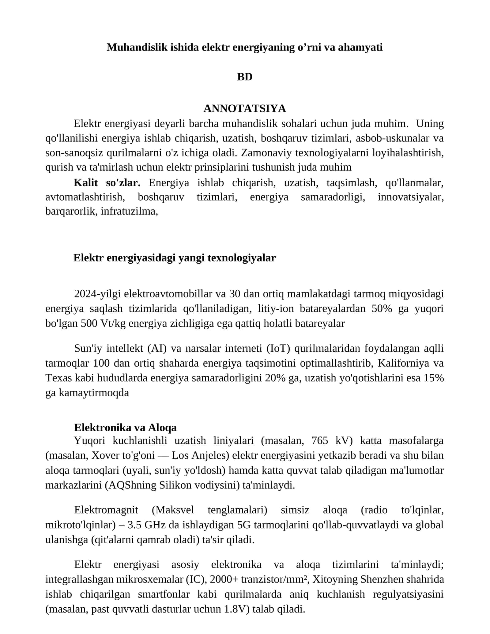 Elektr energiyaning oʼrni va ahamyati
