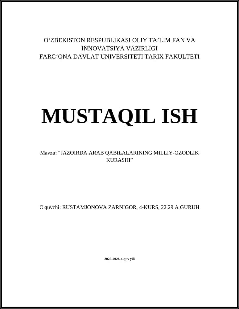 "JAZOIRDA ARAB QABILALARINING MILLIY-OZODLIK KURASHI"
