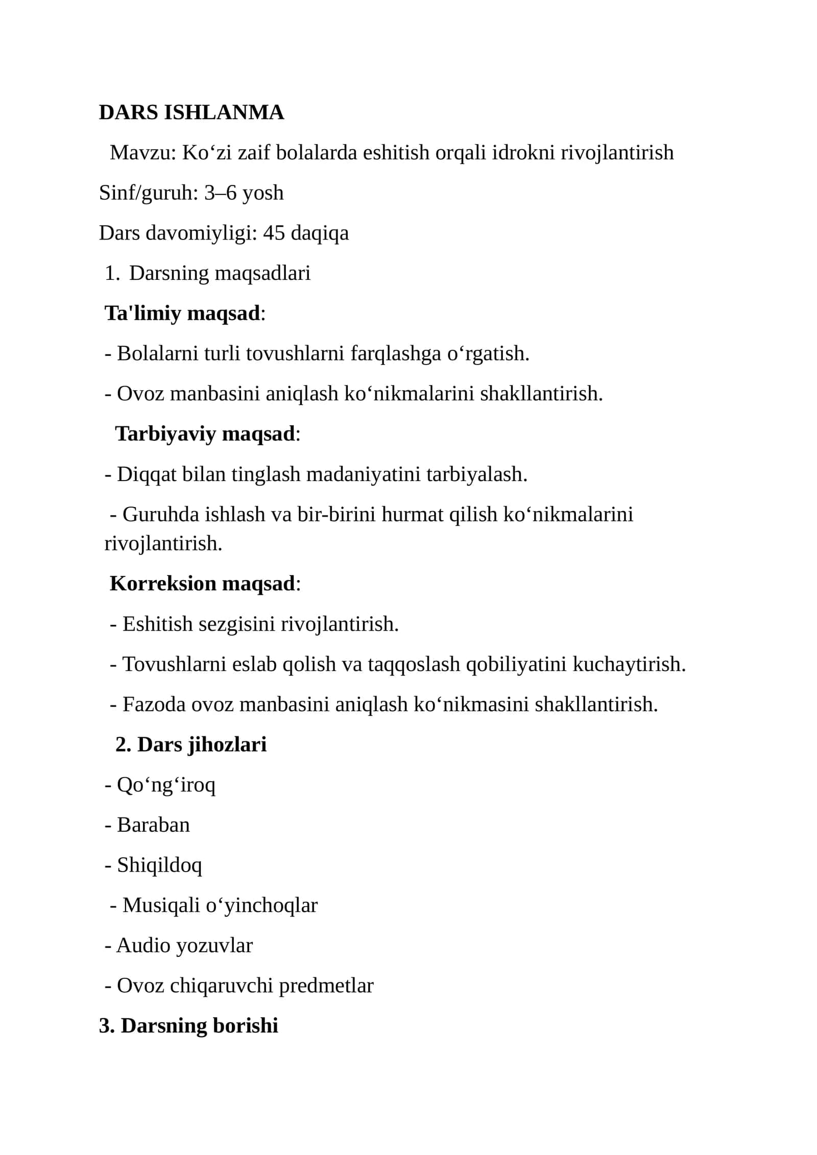 Koʻzi ijiz bolalarda eshitish orqali idrokni rivojlantirish dars ishlanama