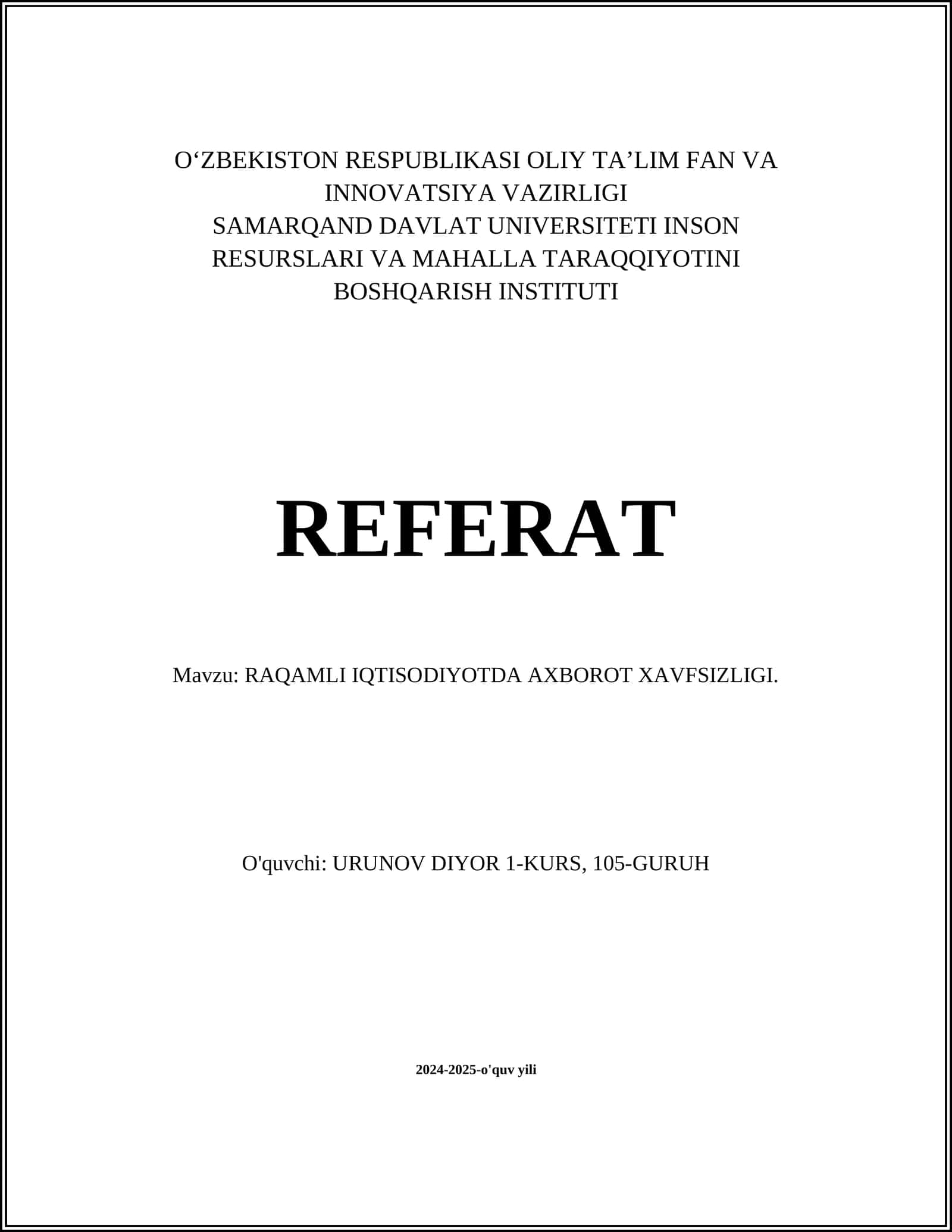 RAQAMLI IQTISODIYOTDA AXBOROT XAVFSIZLIGI