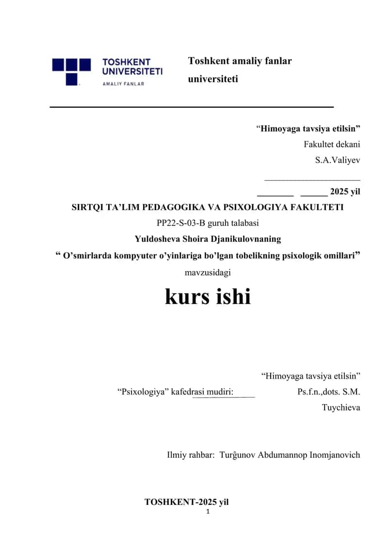 O’smirlarda kompyuter o’yinlariga bo’lgan tobelikning psixologik omillari