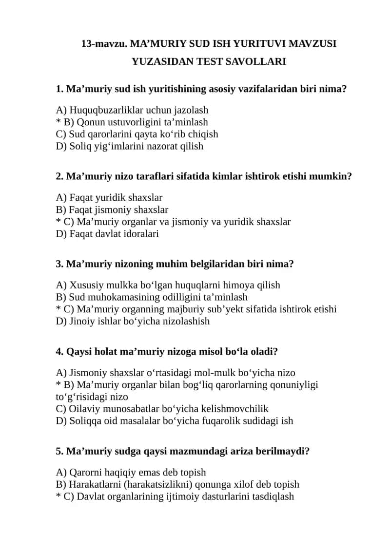 MA’MURIY SUD ISH YURITUVI MAVZUSI YUZASIDAN TEST SAVOLLARI