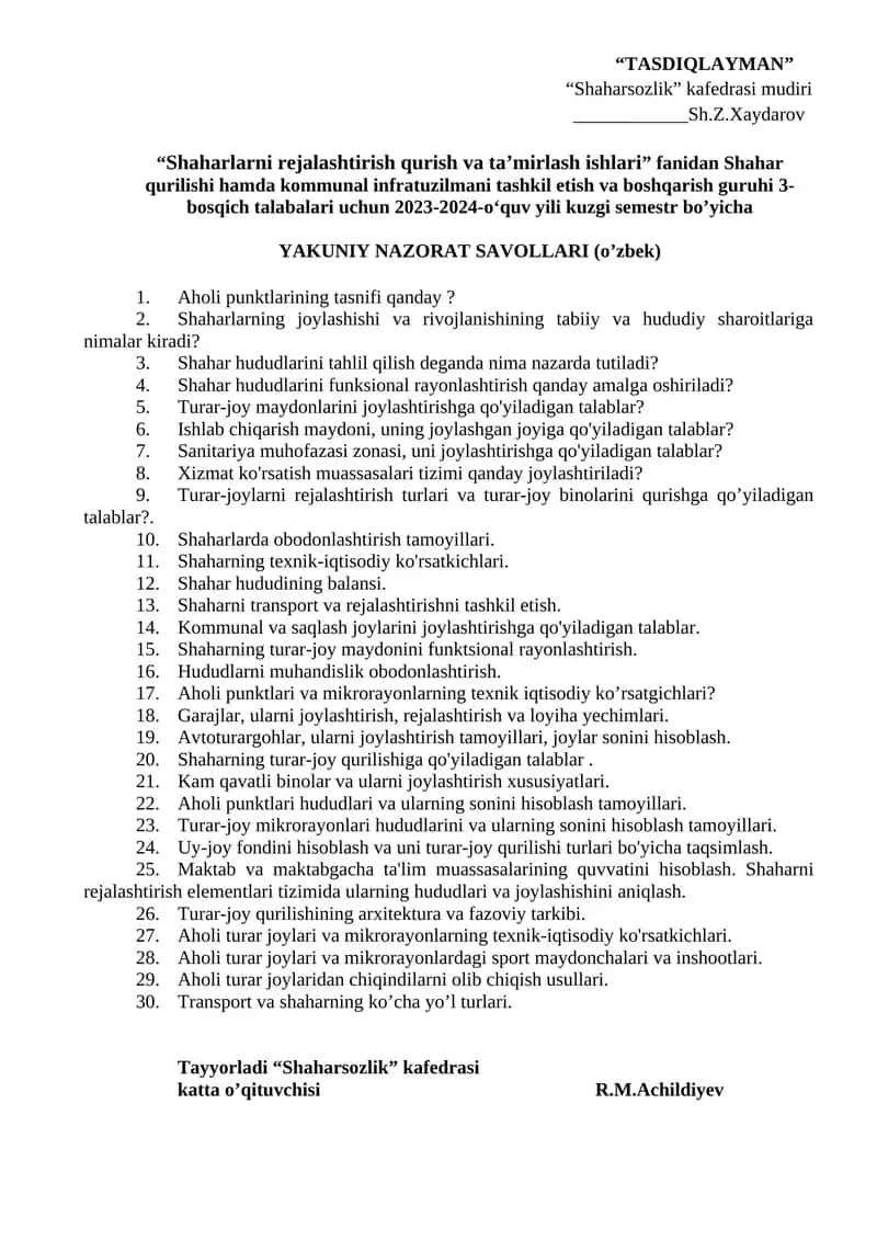 Shahar qurilishi hamda kommunal infratuzilmani tashkil etish va boshqarish guruhi 3-bosqich talabalari